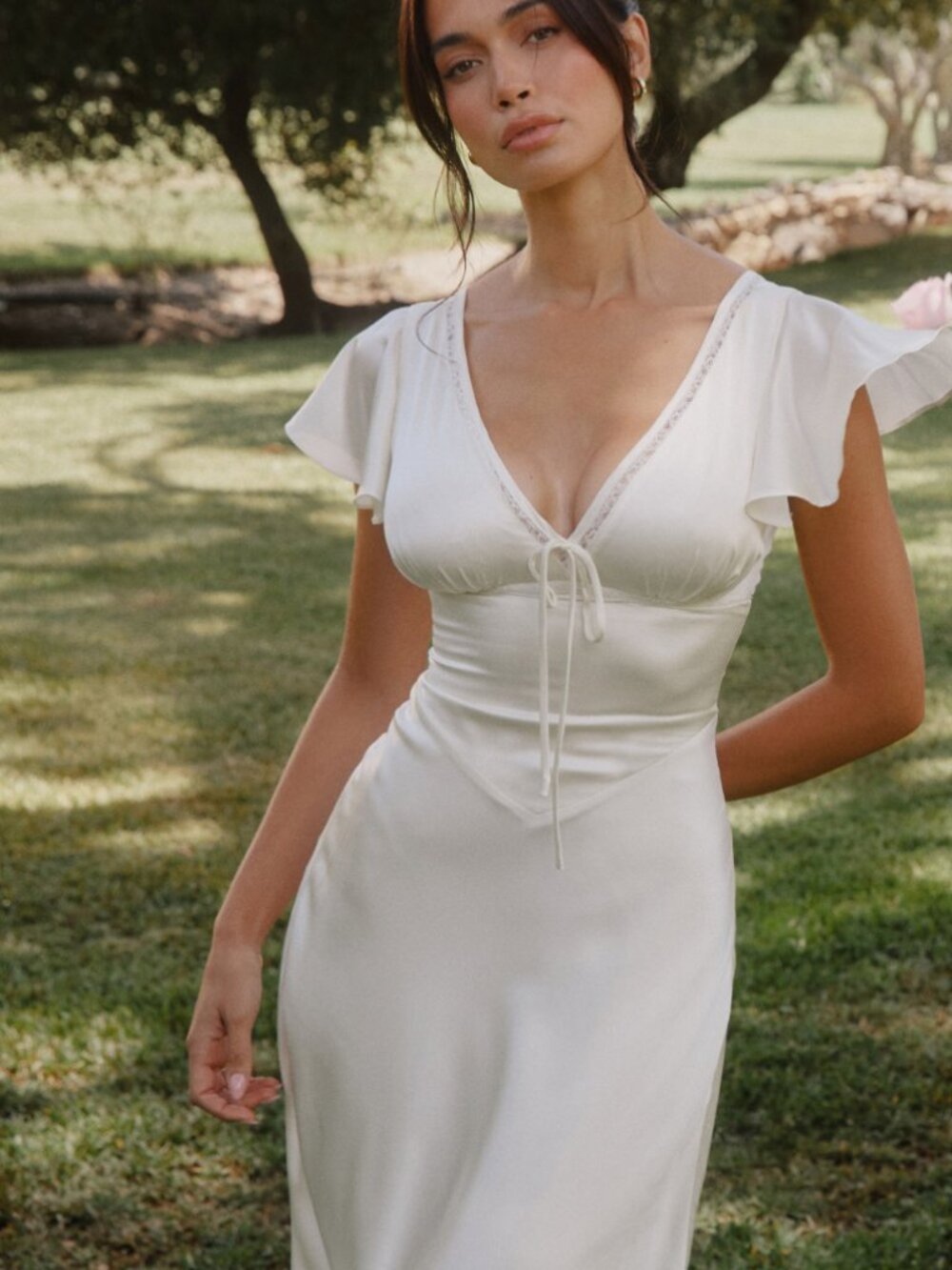 House of CB Ravella Ivory Real Silk V-Neck Midi Tea Dress Medium